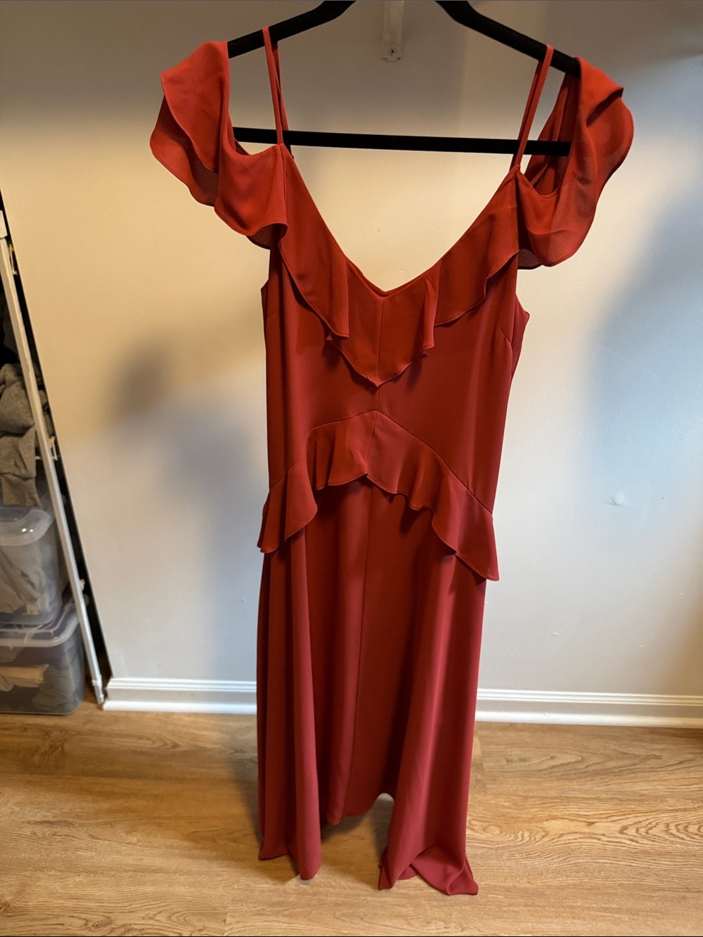 BCBGMaxAzria Ruffle V-Neck Midi Dress in Brick Red
